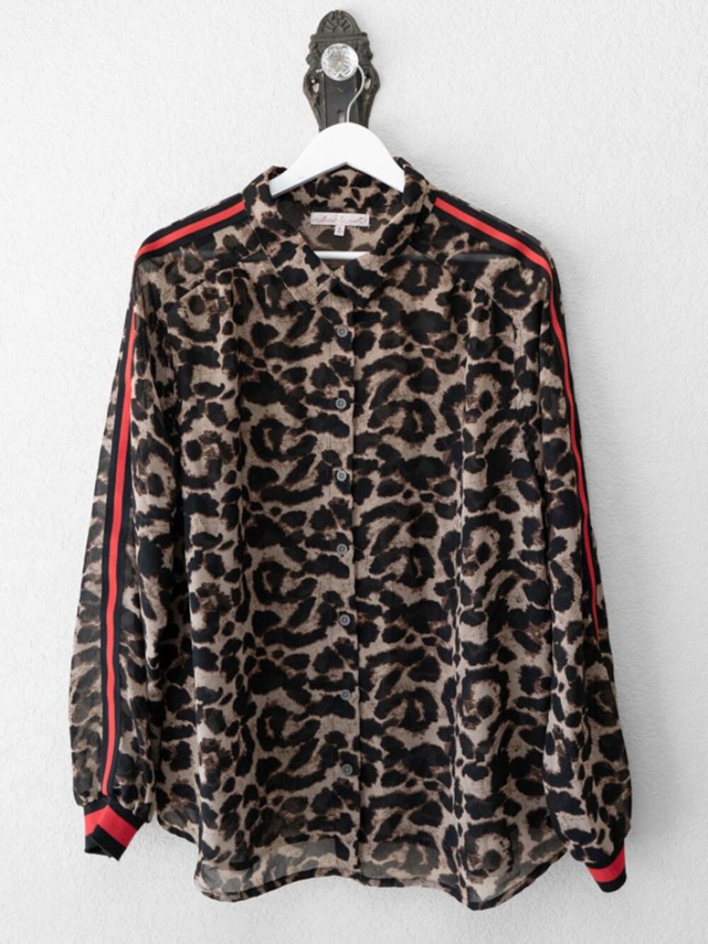 Willow & Root Blouse XL Leopard Animal Print Red Stripe Semi Sheer Button Up